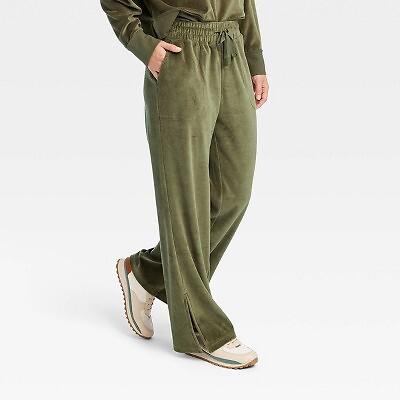 

Женские широкие велюровые брюки со средней посадкой - JoyLab Olive Green