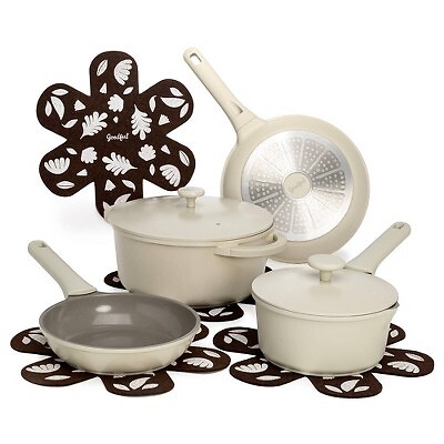 Goodful 10PC Cast Ceramic Set Fry Pan Dutch Oven 2QT 4.5QT Cream Cookware Pot