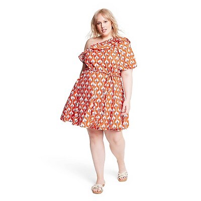 

Женское мини-платье на одно плечо с крупным цветочным принтом лотоса - RHODE, Orange/cream/blue