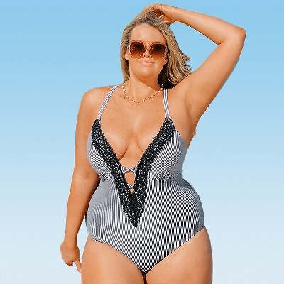 

Женский цельный купальник больших размеров на шнуровке с глубоким вырезом, купальный костюм-Cupshe, Черный