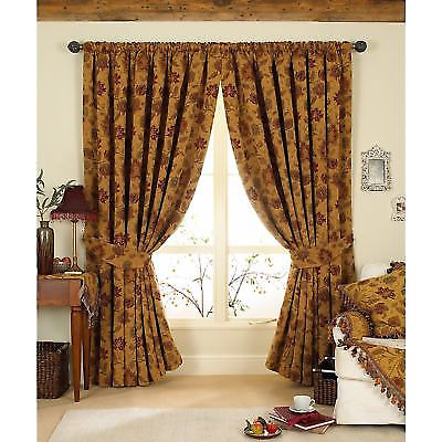 Paoletti Zurich Floral Chenille Pencil Pleat Curtains Gold 90