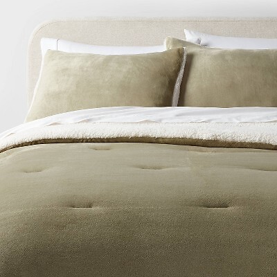 King Cozy Faux Shearling Comforter and Sham Set Green - Threshold