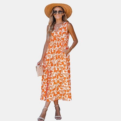 

Женское платье миди с оборками и цветочным принтом — Cupshe-M-Orange, Not available