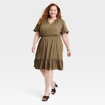 

Женское многоуровневое платье с короткими рукавами и флаттером — Knox Rose Olive Green