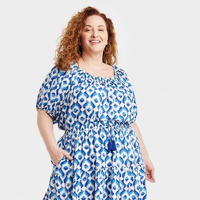 

Женская блузка-крестьянка с рукавами до локтя - Knox Rose Blue Ikat 2X, Not available