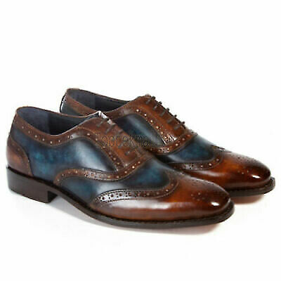 Pre-owned Handmade Men's Leather Oxfords Brown Patina Lace Up Two Tone Brogue Shoes-885 In Brown /blue