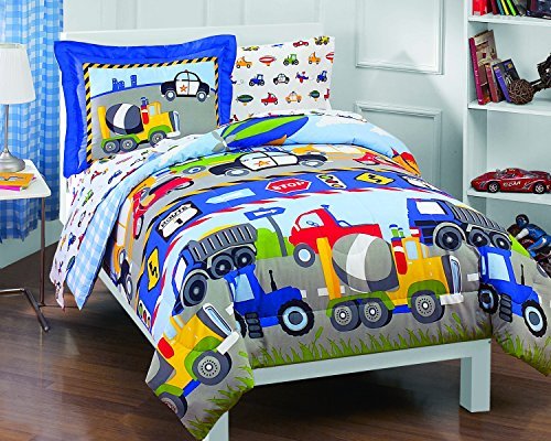 Tractors Trucks Cars Boys 5 Piece Comforter Set Blue Red Twin Bed