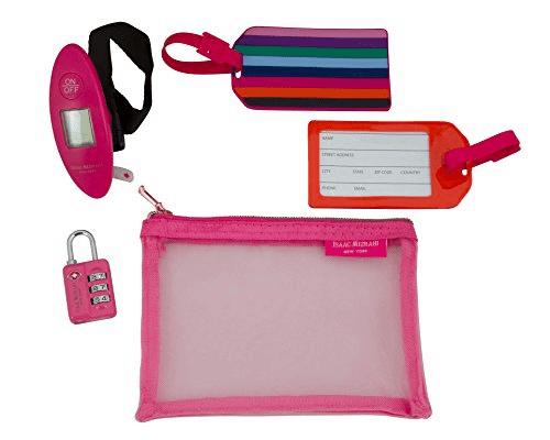 ISAAC MIZRAHI 5 PC TRAVEL SET luggage tags, scale, lock & pouch NIB pink