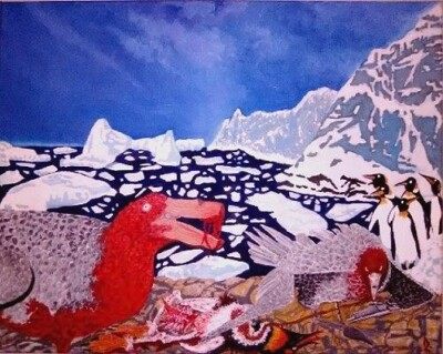 COLLECTION APEX PREDATOR  ''PETREL FEAST'' 20'' x 16'' Original Oil on canvas