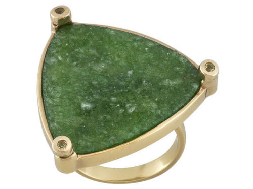 Trillion Green Drusy Quartz, Mop Doublet & Peridot Accent 18k Yg Over S/S Ring 7