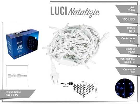 Luci Natale Decorazione Cascata 150 Led Filo Gomma Luce BLU 63548 dfh