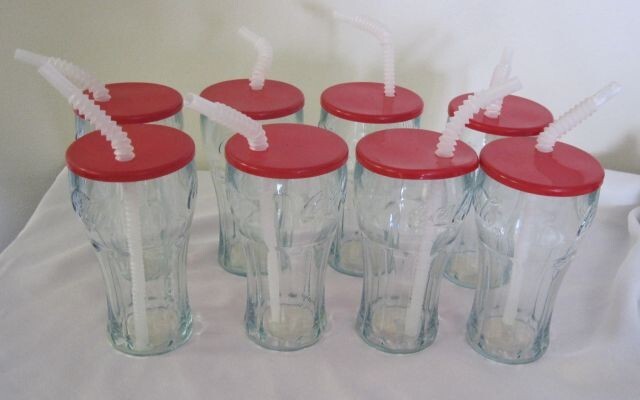 New Lot of 8 COCA-COLA Plastic Thermo-Serv 16oz Tumblers With Lid Straw Set
