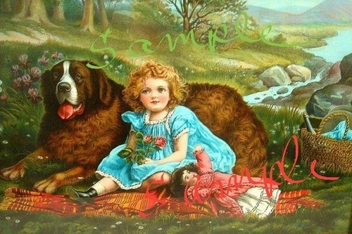 * antique picture ❀* 女の子とワンちゃんのいる 版画プリント Antique Girl Reading with Dog Painting Giclee Print on Fine