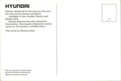 Cars 1992 Hyundai Elantra Postcard Hyuandai