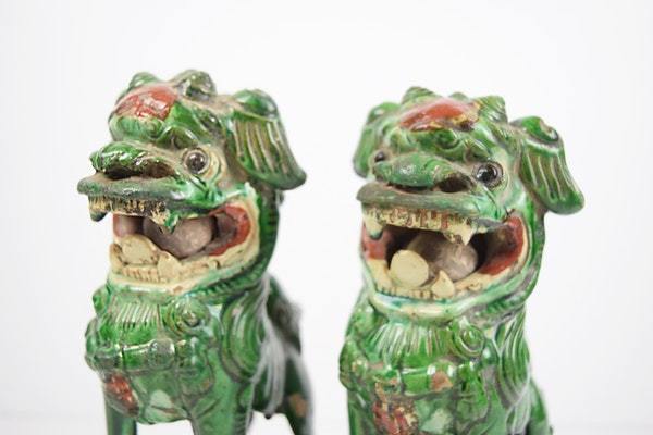 RARE Pair of Chinese Green Glazed Guardian Lions Circa 1850 w/ Loose Ball!