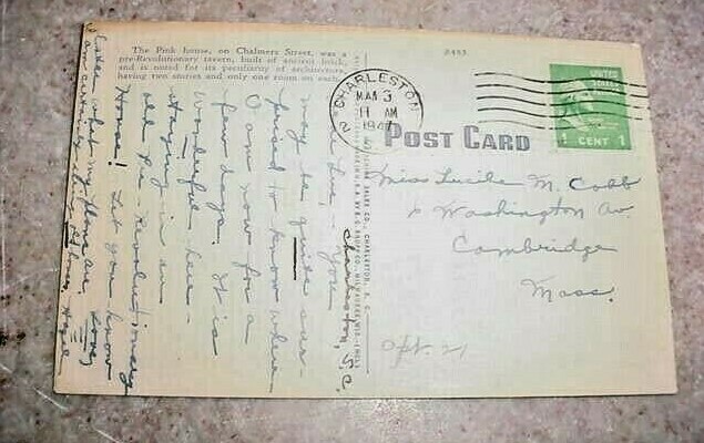 ANTIQUE POSTCARD CHARLESTOWN S.C. PINK HOUSE PRE - REVOLUTIONARY TAVERN 1947