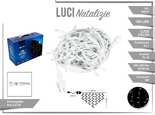 Luci Natale Decorazione Cascata 150 Led Filo Gomma Luce Bianca Calda 63547 dfh