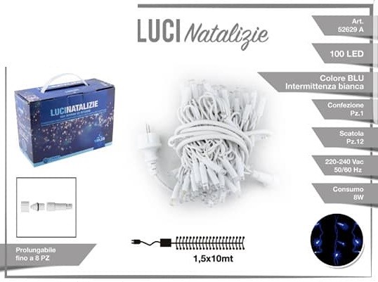 Luci Natale Decorazione 100 Led Luce Blu Filo Gomma 10mt Esterni 52629A dfh