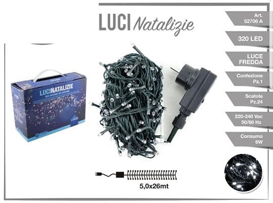 Luci Natale Albero 320 Led Luce Bianca Fredda Filo Verde 29mt Ip44 52706A  dfh