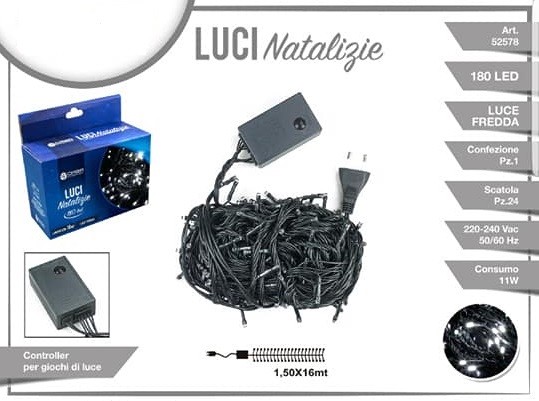 Luci Natale Albero 180 Led Luce Bianca Fredda Cavo Filo Verde 16mt 52578a dfh