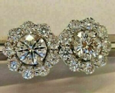 4Ct Round Lab-Created Diamond Flower Halo Stud Earring Solid 14K White Gold Over