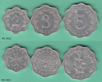 Malta 2, 3, 5 Mils 1972 Coins