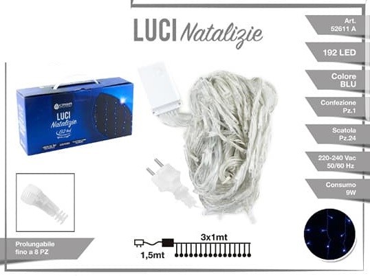 Luci Natale Decorazione Pioggia 192 Led Luce BLU 3x1mt Ip44 52611A dfh