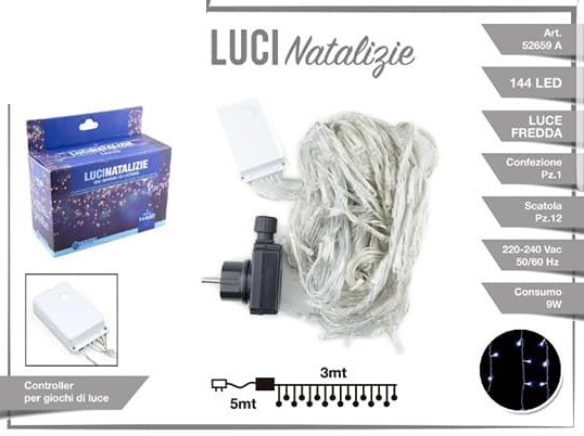 Luci Natale Decorazione Pioggia 144 Led Luce Bianca Fredda 3mtx0,6mt 52659A dfh