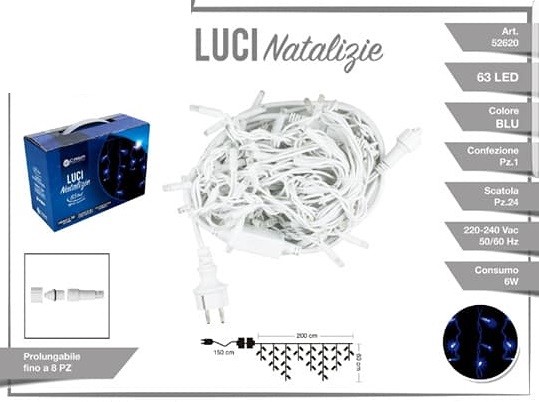 Luci Natale Decorazione Cascata 63 Led Luce BLU Filo 2mt 52620A dfh