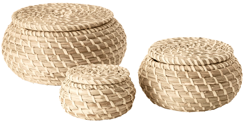  IKEA FRYKEN - 3 tlg. Set  Korbset Körbe mit Deckel Seegras Badkorb Flechtkorb 
