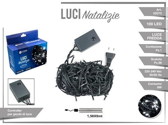 Luci Natale Albero 100 Led Luce Bianca Fredda Filo Verde 9mt 52573a dfh