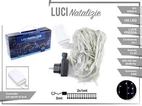 Luci Natale Decorazione Pioggia 192 Led Luce Bianca Fredda 2x1mt Ip44 52608A dfh