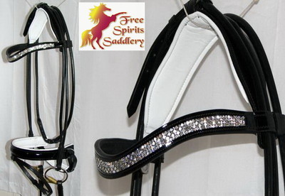 FSS Curve U CRYSTAL BLING Rolled German Crank WHITE Comfort PATENT GLOSS Bridle