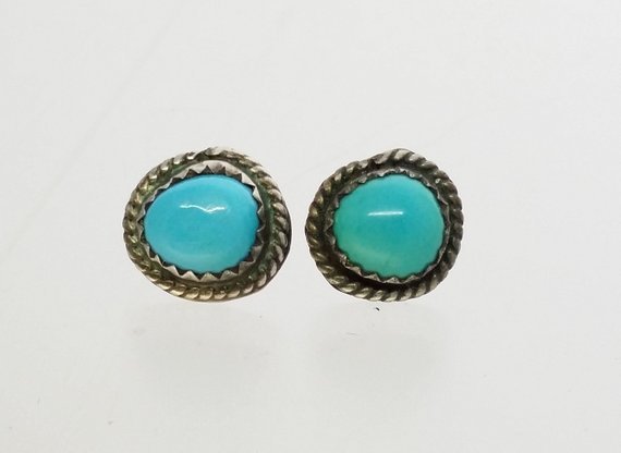 Vintage Silver Turquoise Boho Stud Earrings, Small Post Snake Eye Earrings