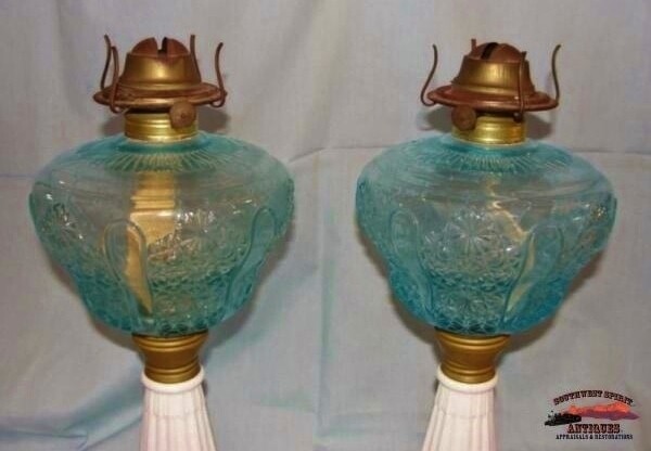 2 Matching 1870’s Blue Daisy & Button Pattern Banquet Oil Lamps