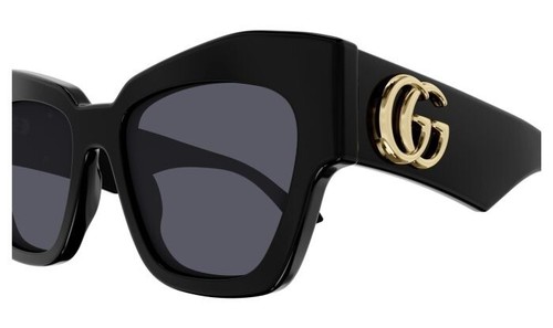 Pre-owned Gucci Gg1422s 001 Black Gold Dark Grey Lens Women Sunglasses Cat Eye Authentic In Gray