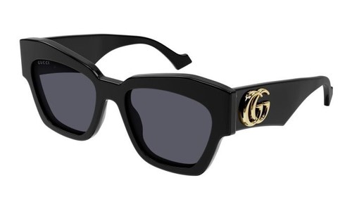 Pre-owned Gucci Gg1422s 001 Black Gold Dark Grey Lens Women Sunglasses Cat Eye Authentic In Gray