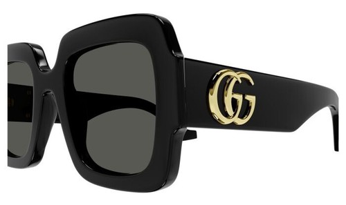 Pre-owned Gucci Gg1547s 001 Black Gold Grey Lens Women Sunglasses Square Authentic In Gray