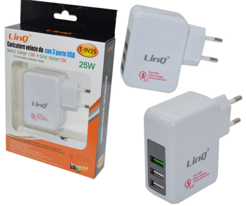 Alimentatore Da Rete Linq Adattatore Usb Con 3 Porte Usb 2.0 25w Linq T-9v25