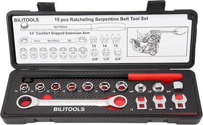 15pc Universal Ratcheting Serpentine Belt Tool Kit,Removal/Installation Tool Set