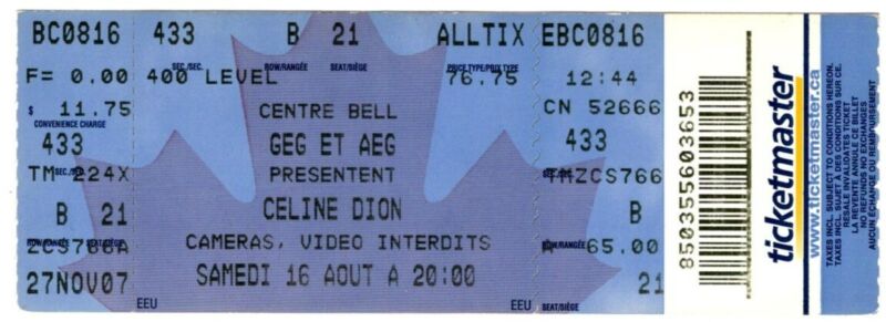2008 CELINE DION concert ticket 8/16/08 CENTRE BELL Montreal Canada