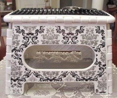 Laura Ashley Folding Step Stool Non Skid Top Black White Gray Damask Style New