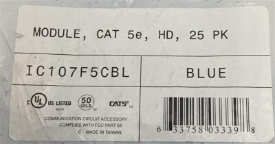 ICC CAT5e HD Keystone Jacks, Blue, 25-Pack, New - IC107F5CBL
