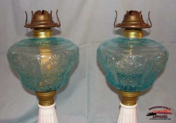 2 Matching 1870’s Blue Daisy & Button Pattern Banquet Oil Lamps