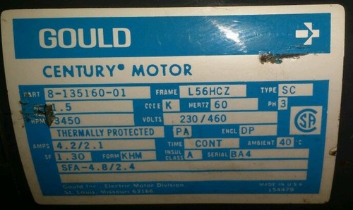 Century AC Motor 3450 RPM 1.5HP 3PH 8-135160-01