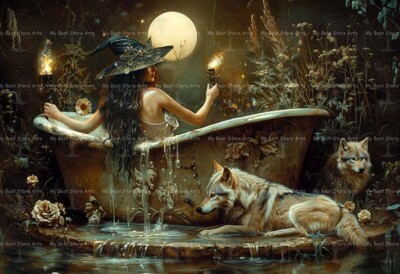 HECATE BATHTUB ART PRINT, Cottagecore Poster, Magic Wolf Dogs Goddess Decor D591