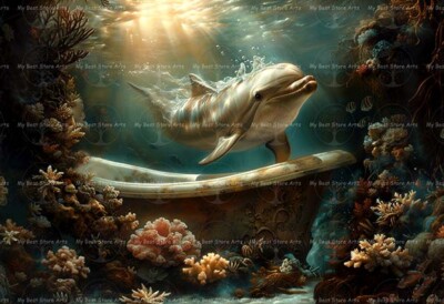 DOLPHIN AND BATHTUB ART PRINT, Cottagecore Poster Fantasy Bathroom Decor D587