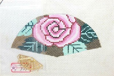 Lee 803 Pink Rose Asian Fan 18 Count Handpainted Needlepoint Canvas w/ Trinkets