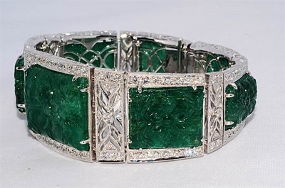 $180,000 233.59CT NATURAL HAND CARVED EMERALD & DIAMOND BRACELET VVS 18K WG