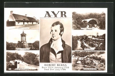 Ansichtskarte Ayr, Robert Burns, 1759-1796, The gardens, Auld Brig o´Doon 